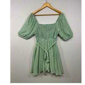 Cottagecore Boho Lovecolette Womens Sm Sage Green Crochet Lace Puff Sleeve Dress